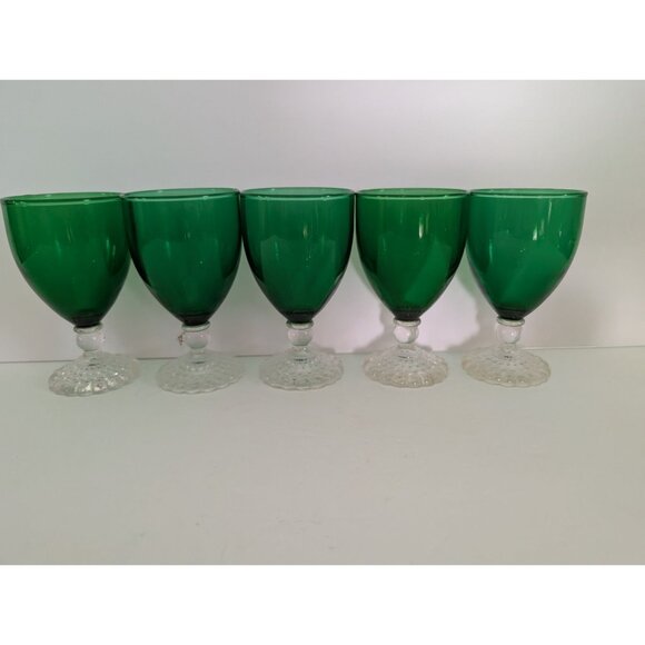 5 Vintage Anchor Hocking Bubble Foot Green Glass Goblets with Clear Stems - Picture 3 of 8